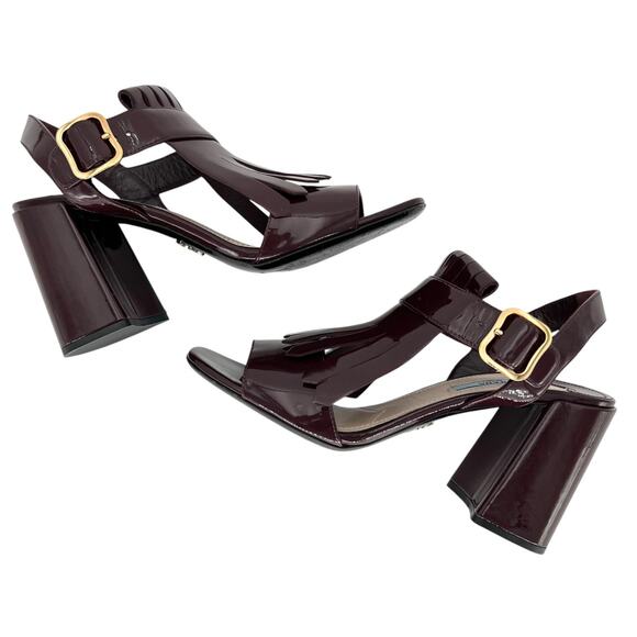 PRADA Patent Leather Fringe Trim Kiltie Buckle Sandals EU 39.5 US 9.5 Block Heel - Picture 6 of 11